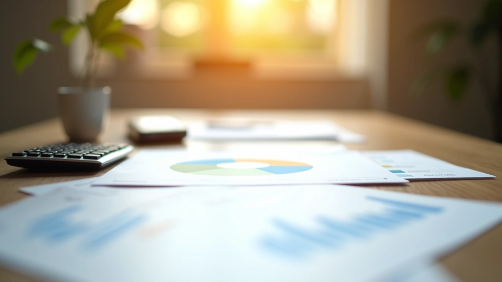 Schreibtisch mit Finanzdiagrammen, Taschenrechner und Geschäftsberichten bei Tageslicht