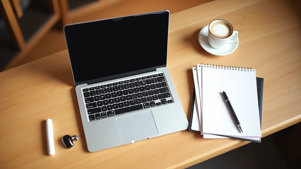 Laptop auf einem Schreibtisch neben Notizbüchern und Stift, warmes Licht, minimalistisches Design